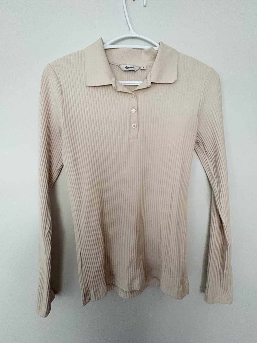 Reitmans Beige Ribbed Polo Long Sleeve Top